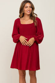 Burgundy Smocked Long Sleeve Maternity Dress