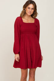 Burgundy Smocked Long Sleeve Dress