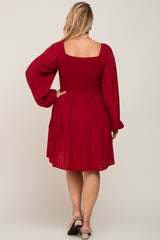 Burgundy Smocked Long Sleeve Maternity Plus Dress