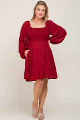 Burgundy Smocked Long Sleeve Maternity Plus Dress