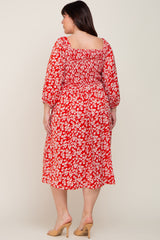 Red Floral Square Neck Smocked Short Sleeve Plus Midi Dress