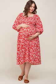 Red Floral Square Neck Smocked Short Sleeve Maternity Plus Midi Dress