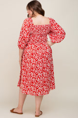 Red Floral Square Neck Smocked Short Sleeve Maternity Plus Midi Dress