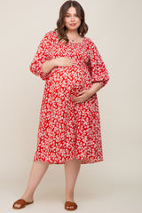 Red Floral Square Neck Smocked Short Sleeve Maternity Plus Midi Dress