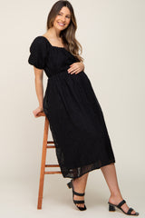 Black Textured Stripe Chiffon Maternity Midi Dress