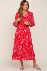 Red Floral Button Front Smocked Waist Tiered Maternity Midi Dress