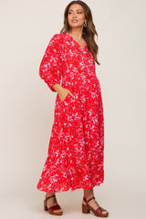 Red Floral Button Front Smocked Waist Tiered Maternity Midi Dress