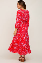 Red Floral Button Front Smocked Waist Tiered Maternity Midi Dress