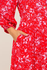 Red Floral Button Front Smocked Waist Tiered Maternity Midi Dress