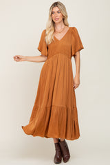 Rust Satin Smocked Midi Dress