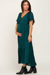 Emerald Satin Smocked Maternity Midi Dress