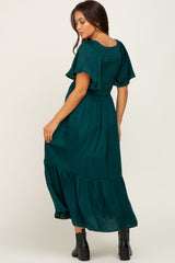 Emerald Satin Smocked Maternity Midi Dress