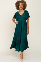 Emerald Satin Smocked Maternity Midi Dress