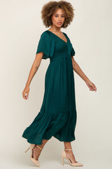 Emerald Satin Smocked Midi Dress