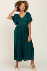 Emerald Satin Smocked Midi Dress