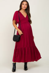 Burgundy Satin Smocked Maternity Midi Dress