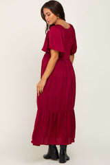 Burgundy Satin Smocked Maternity Midi Dress