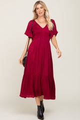 Burgundy Satin Smocked Maternity Midi Dress