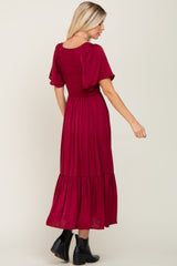 Burgundy Satin Smocked Midi Dress