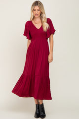 Burgundy Satin Smocked Midi Dress