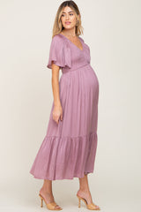 Mauve Satin Smocked Maternity Midi Dress