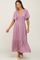 Mauve Satin Smocked Maternity Midi Dress