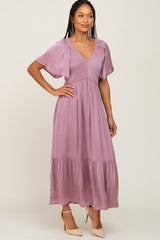 Mauve Satin Smocked Midi Dress