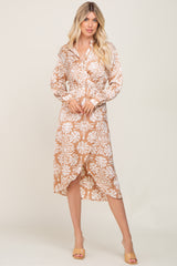 Taupe Floral Collared Button Front Wrap Satin Midi Dress