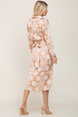 Taupe Floral Collared Button Front Wrap Satin Midi Dress