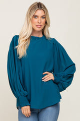 Teal Chiffon Ruffle Accent Pleated Blouse