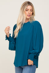 Teal Chiffon Ruffle Accent Pleated Blouse