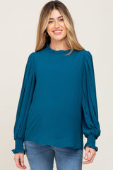 Teal Chiffon Ruffle Accent Pleated Maternity Blouse