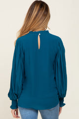 Teal Chiffon Ruffle Accent Pleated Maternity Blouse