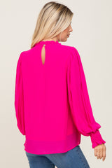 Fuchsia Chiffon Ruffle Accent Pleated Blouse