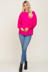 Fuchsia Chiffon Ruffle Accent Pleated Blouse