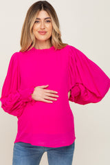 Fuchsia Chiffon Ruffle Accent Pleated Maternity Blouse