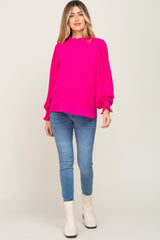 Fuchsia Chiffon Ruffle Accent Pleated Maternity Blouse