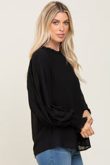 Black Chiffon Ruffle Accent Pleated Blouse