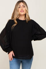 Black Chiffon Ruffle Accent Pleated Maternity Blouse