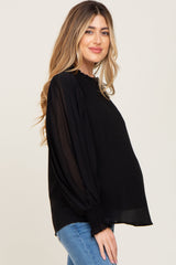 Black Chiffon Ruffle Accent Pleated Maternity Blouse