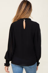 Black Chiffon Ruffle Accent Pleated Maternity Blouse