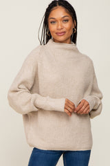 Beige Knit Mock Neck Long Sleeve Maternity Sweater