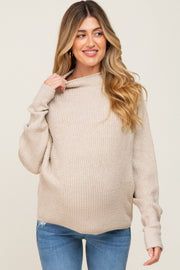 Beige Knit Mock Neck Long Sleeve Maternity Sweater