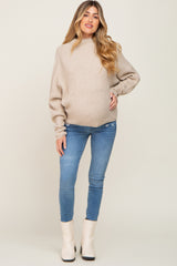 Beige Knit Mock Neck Long Sleeve Maternity Sweater