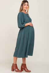 Emerald Green Front Tie Keyhole 3/4 Sleeve Maternity Midi Dress