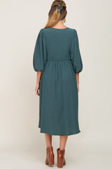 Emerald Green Front Tie Keyhole 3/4 Sleeve Maternity Midi Dress