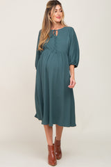 Emerald Green Front Tie Keyhole 3/4 Sleeve Maternity Midi Dress