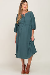 Emerald Green Front Tie Keyhole 3/4 Sleeve Maternity Midi Dress