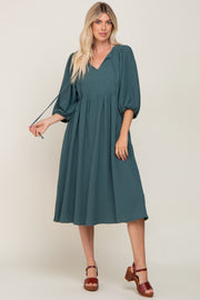 Emerald Green Front Tie Keyhole 3/4 Sleeve Midi Dress