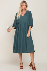 Emerald Green Front Tie Keyhole 3/4 Sleeve Maternity Midi Dress